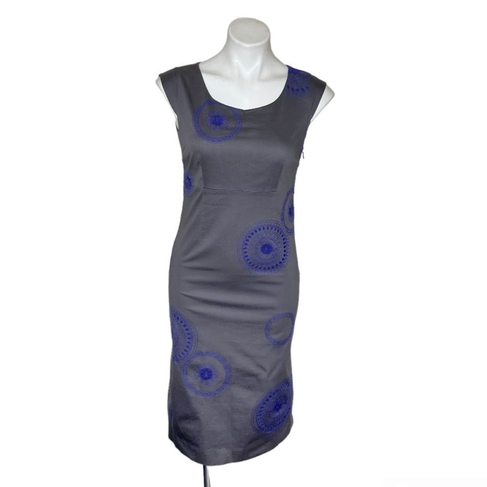 BODEN Grey Dress Sheath Embroidered Purple Mandalas Cap Sleeves Size 4 L